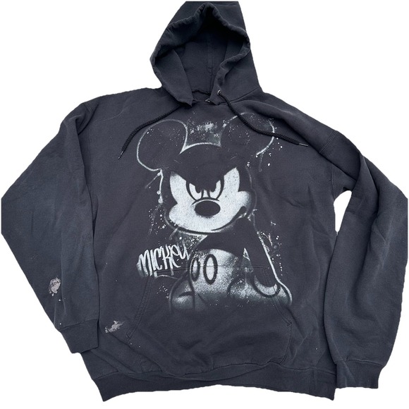Black Graphic Angry Mickey Mouse Hoodie Cut Neckline Size XL Paint Stains Disney - Picture 1 of 7